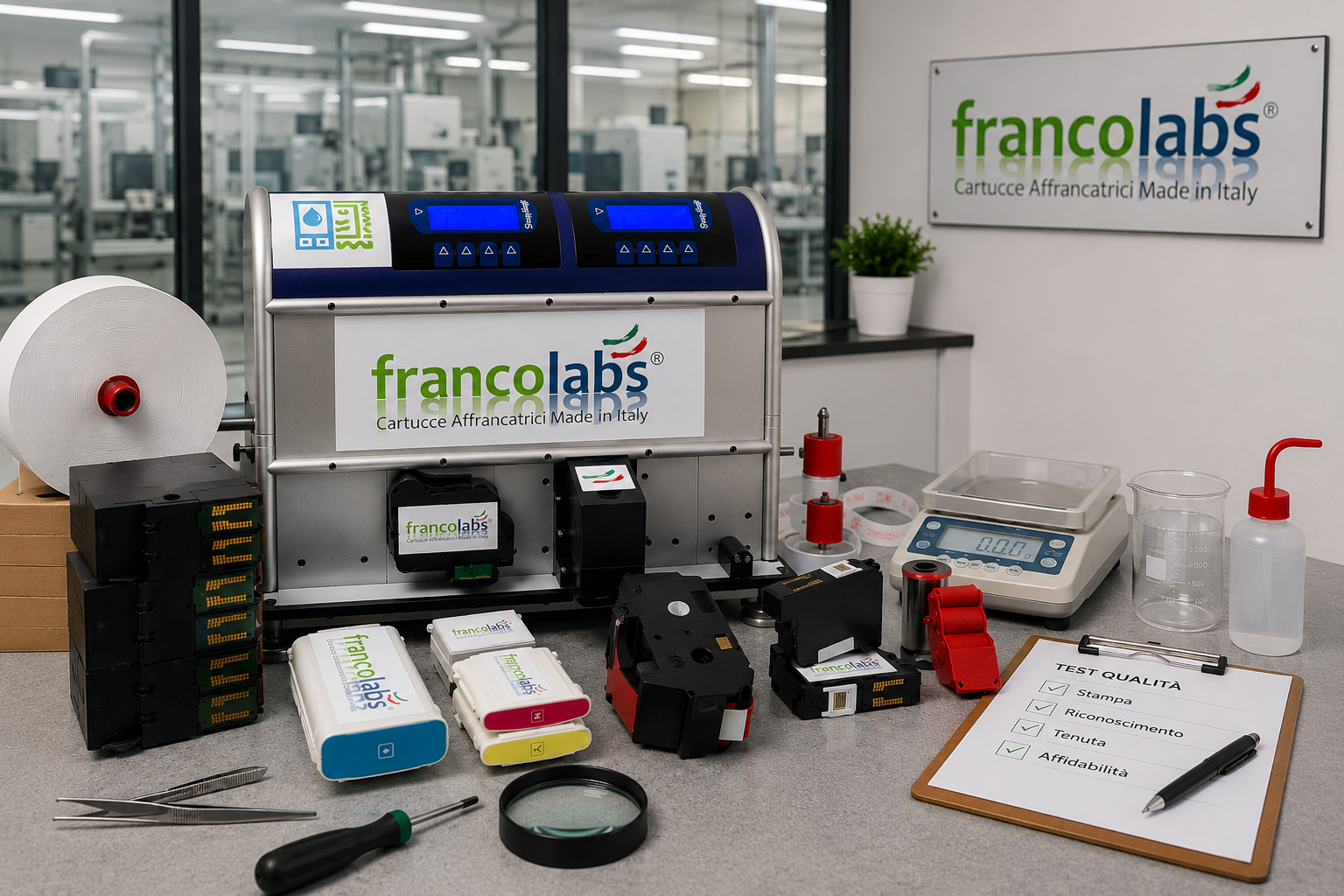 Laboratorio Francolabs per produzione e test di cartucce affrancatrici professionali Made in Italy